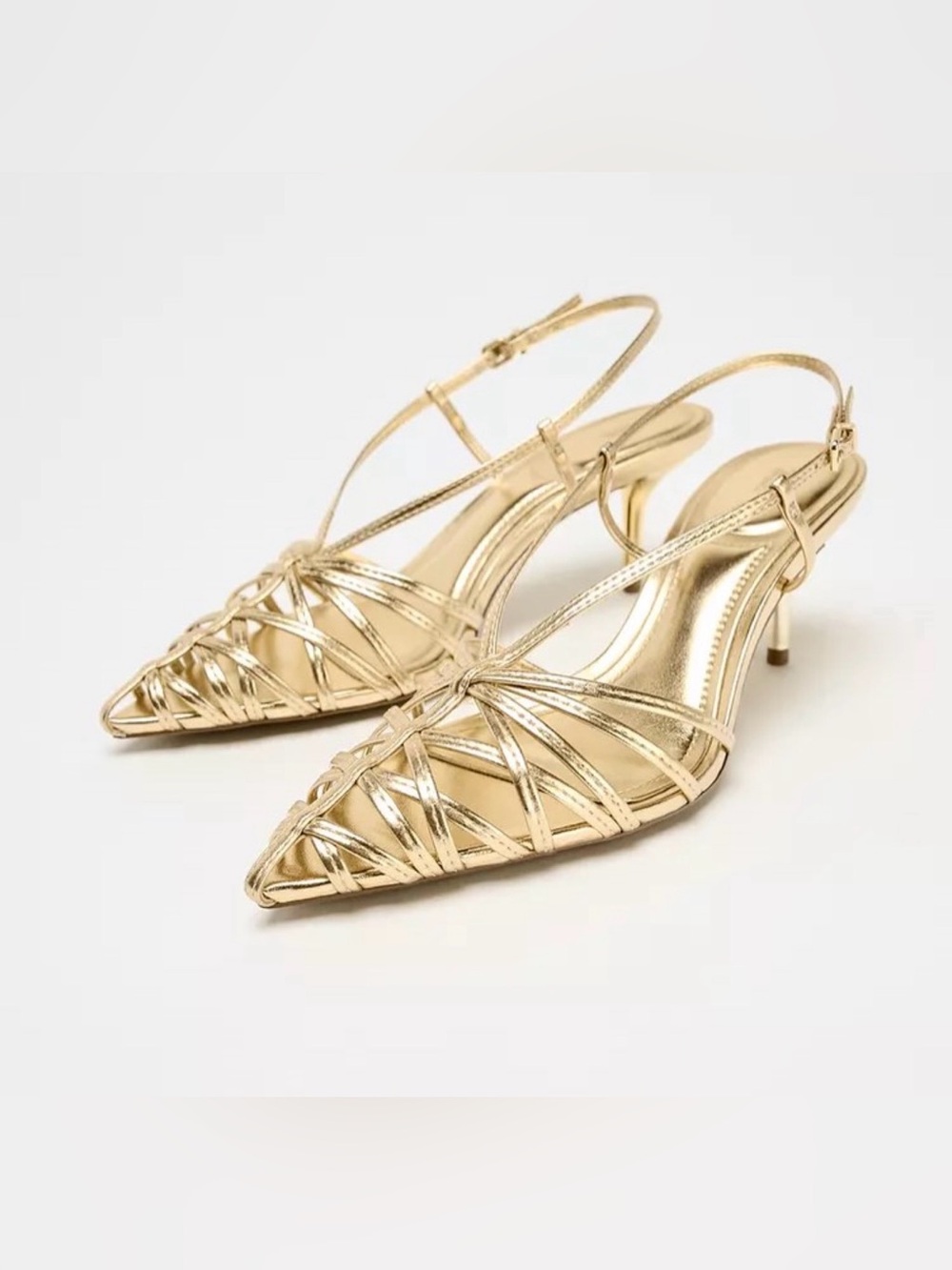 Zara Gold Strappy Slingback Kitten Heels